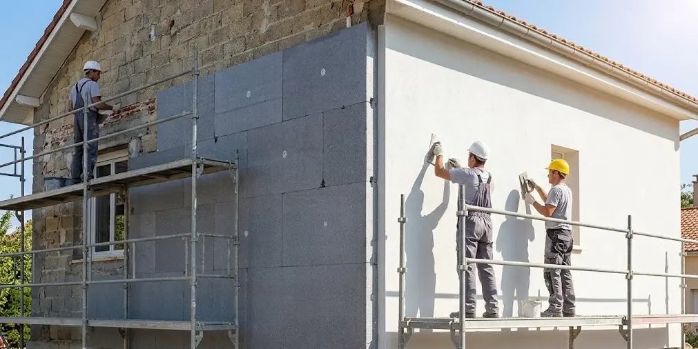 isolation thermique par l'extérieur (ITE) d'une maison près de Nice, à Gattières, par trois ouvriers pour lutter contre la canicule