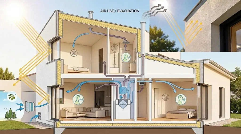 Schéma du fonctionnement de la VMC double flux en maison passive