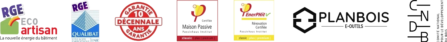 logo réassurance RGE, eco artisan, garantie décennale, Maison Passive Passivhaus Institut, planbois, CNDB