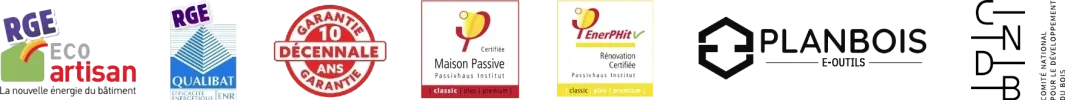 logo réassurance : Eco Artisan, RGE, garantiee décennale, Maison Passive et avis google